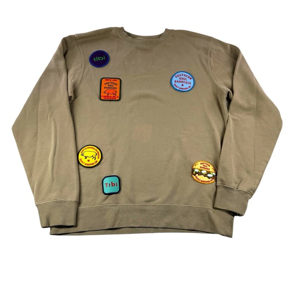 Tibi Southern Soul Barbeque Crewneck Sweatshirt S Tan Patches St. Simons Island